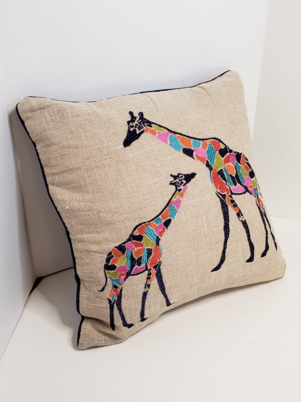 Embroidered Appliqued Giraffe Square Cushion Throw Pillow in Natural Boho NWOT
